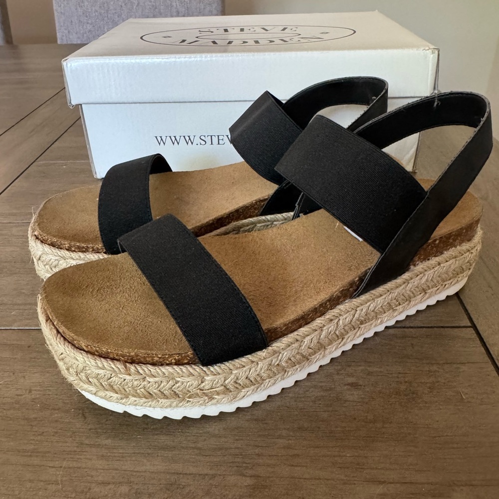 Steve Madden Black and Tan Espadrille Sandals